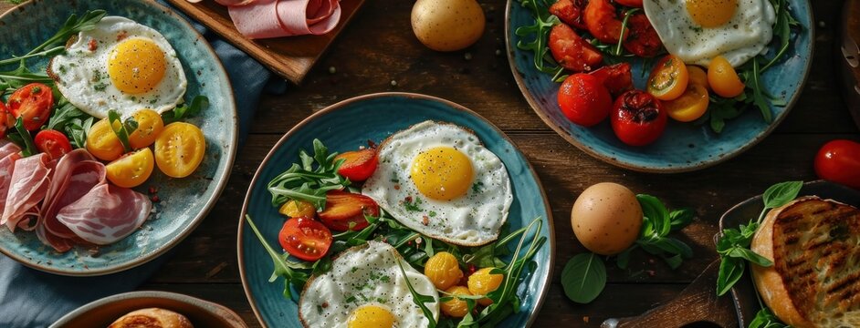 a bunch of plates lay out with eggs, potatoes