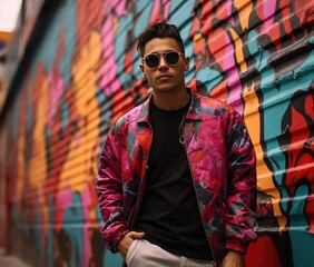 Stylish young man with sunglasses in front of colorful graffiti for urban fashion campaign