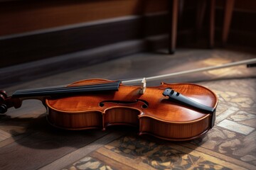 Detailed view of a violin lying on the floor. Generative AI