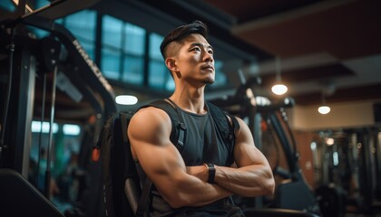 Fototapeta premium Confident young Asian man at the gym reflecting on his workout