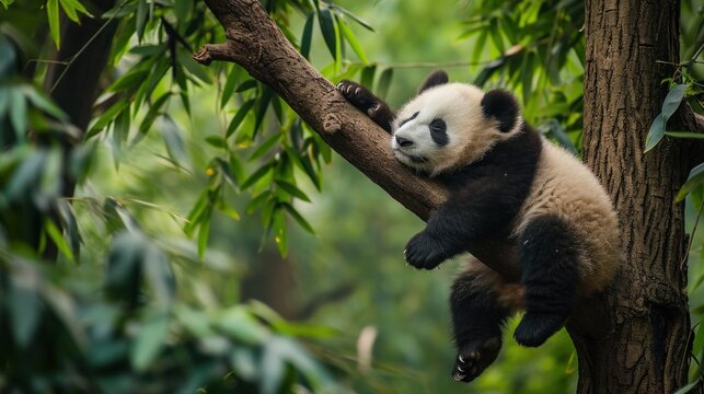 A baby panda napping on a tree branch