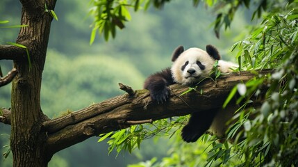 Obraz premium A baby panda napping on a tree branch