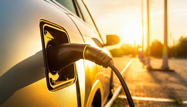 Power supply for electric car charging. Electric car charging station. Close up of the power supply plugged into an electric car being charged. - Powered by Adobe