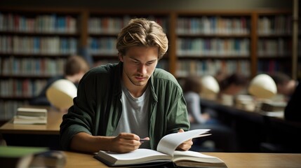 Young man studying in library educational concept
