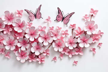 a group of pink paper flowers and butterflies - obrazy, fototapety, plakaty