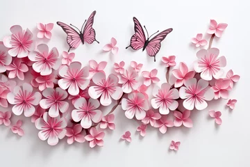 Zelfklevend Fotobehang a group of pink paper flowers and butterflies © Elena