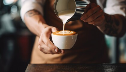 Barista pouring milk to create latte art for coffeehouse marketing - obrazy, fototapety, plakaty