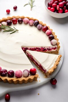 a pie with cranberries and a slice cut out