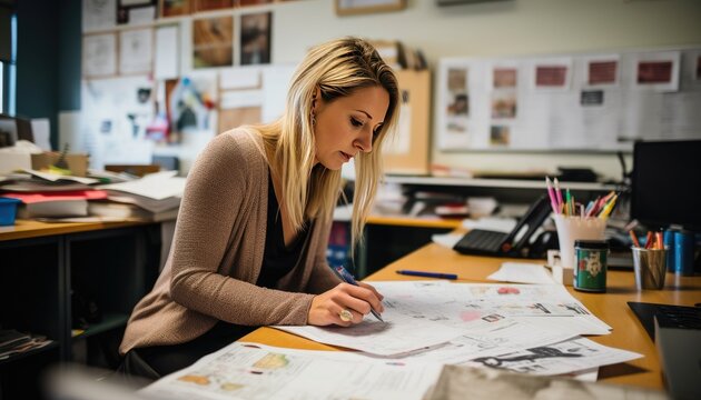 Female teacher grading papers at her desk in a classroom
