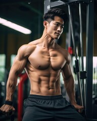 Fototapeta na wymiar Muscular Asian man working out in a gym