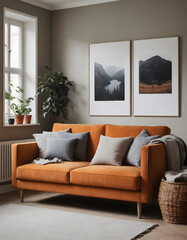 Contemporary Living: Cozy Home Aesthetics with Orange Sofa and Nature-inspired Decor