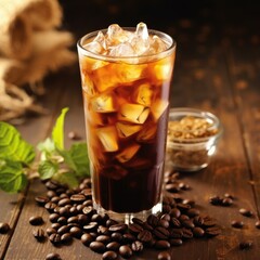 Iced coffee glass on a wooden table for beverage industry marketing