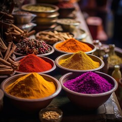 Assorted spices in bowls at a vibrant market setting