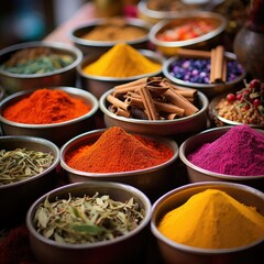Colorful spices and herbs at a market