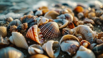 many little seashells lying on the beach at an ocean. wallpaper background 16:9