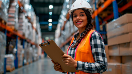 woman floor manager in a distribution center warehouse holding a clipboard	 - obrazy, fototapety, plakaty