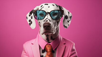  A Dalmatian dog in a suit and sunglasses wearing a pink outfit, in the style of pop art aesthetics.