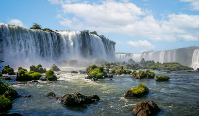 Water cascading over multiple falls at the Iguacu falls in Brazil on 18 February 2008 - obrazy, fototapety, plakaty