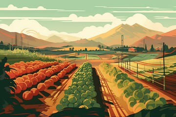 Illustration of a tomato farm with organic produce. Generative AI - obrazy, fototapety, plakaty