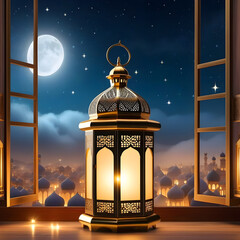 Ramadan lamp in the window with moon and stars in the sky