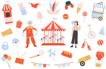 Funny circus and carnaval party stickers set vector illustration. Cartoon carousel, clown and mime characters in costumes, balloon, tickets and bunny in hat. Performance, amusement park concept © Flash Vector
