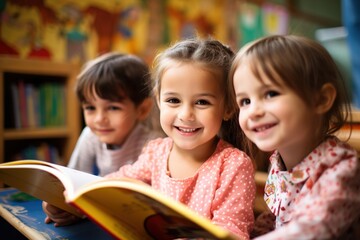 Children in kindergarten at a reading lesson. Pre-school education. A banner for magazines.