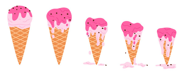 Ice cream melts set, sequence game animation of melting frozen yogurt or pink sundae ball in waffle cone. Animated stages of dripping soft ice cream, melted dessert cartoon vector illustration
