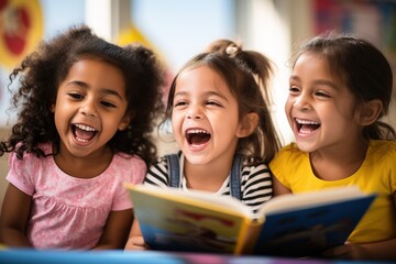 Children in kindergarten at a reading lesson. Pre-school education. A banner for magazines.