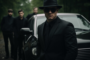 Men in black suits, fedora hats and dark glasses - obrazy, fototapety, plakaty