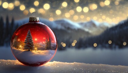 Paesaggio natalizio con palla di vetro e albero di Natale - obrazy, fototapety, plakaty