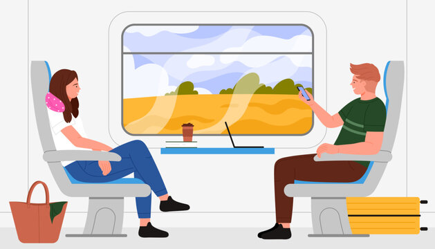 Man and woman travel in train compartment vector illustration. Cartoon inside train car scene with girl sitting in chair with neck pillow, guy holding phone to take photo of landscape outside window