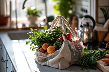 a white bag full of vegetables and fruits is sitting on a counter - obrazy, fototapety, plakaty