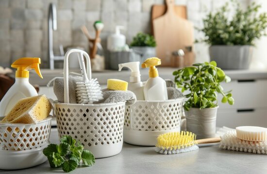 white baskets full of cleaning supplies,