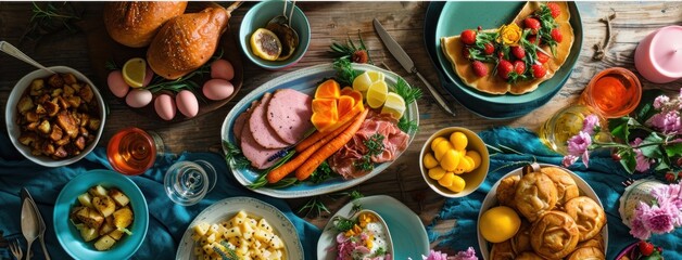 a table of easter food, including ham, pancakes