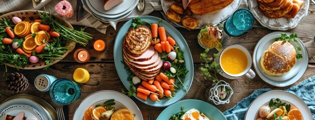 a table of easter food, including ham, pancakes