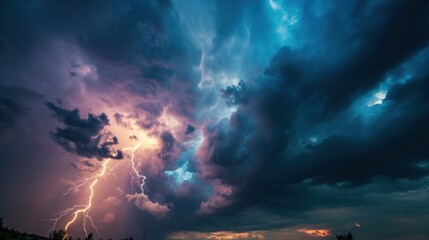 lightning strikes against the dark cloudy sky - obrazy, fototapety, plakaty