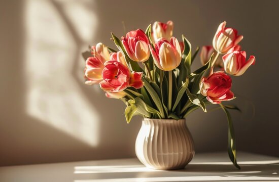a vase of tulips on a white table,