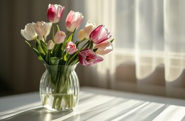 a vase of tulips on a white table,