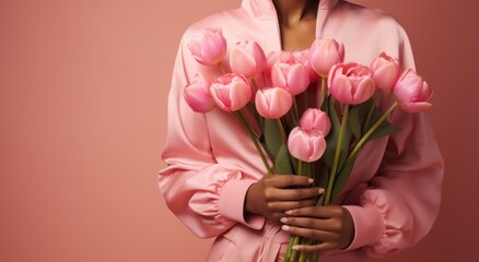 a woman dressed in pink holding a slender bouquet of tulips