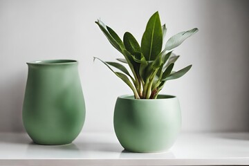 Two green ceramic vases with green leaves on white shelf against white wall - obrazy, fototapety, plakaty