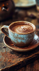 Cocoa in a blue cup on the table.