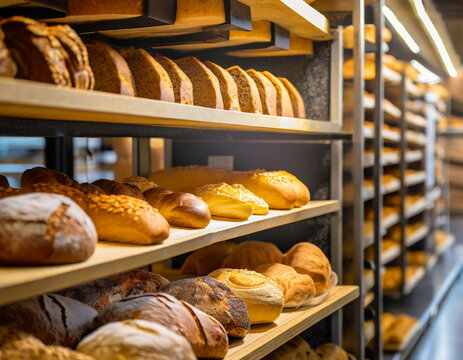 Delicious Assortment of Freshly Baked Bread and Pastries at a Gourmet Bakery