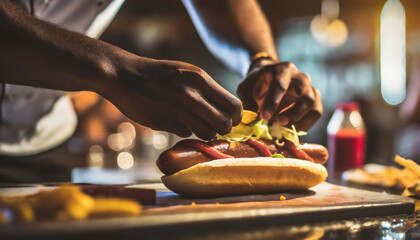 Delicious Hot Dog: Grilled Gourmet Sausage with Fresh Bun and Tasty Mustard