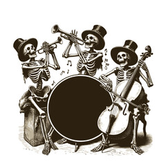 Vintage vector illustration of funny skeleton jazz band and a circle for text