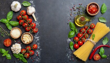 Italian food background on dark featuring food background. text space