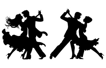 Vector illustration. Silhouette of dancing people. Couple of lovers. Tango waltz. - obrazy, fototapety, plakaty