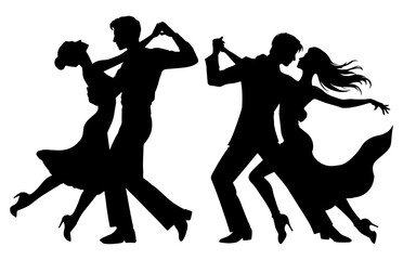 Vector illustration. Silhouette of dancing people. Couple of lovers. Tango waltz.