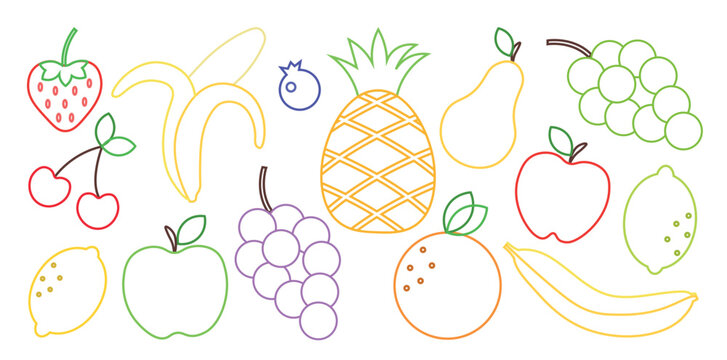A set of painted linear colored fruits on a transparent background. a vector set of simple shapes. lines, icons, coloring, signage