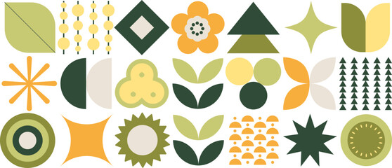 Geometric food pattern. Abstract mosaic nature elements, fruit plants organic shapes  minimal layout banners. Vector poster. Bauhaus