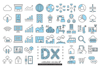 DX　企業のデジタルトランスフォーメーションのアイコンセット (編集可能なストローク) - obrazy, fototapety, plakaty